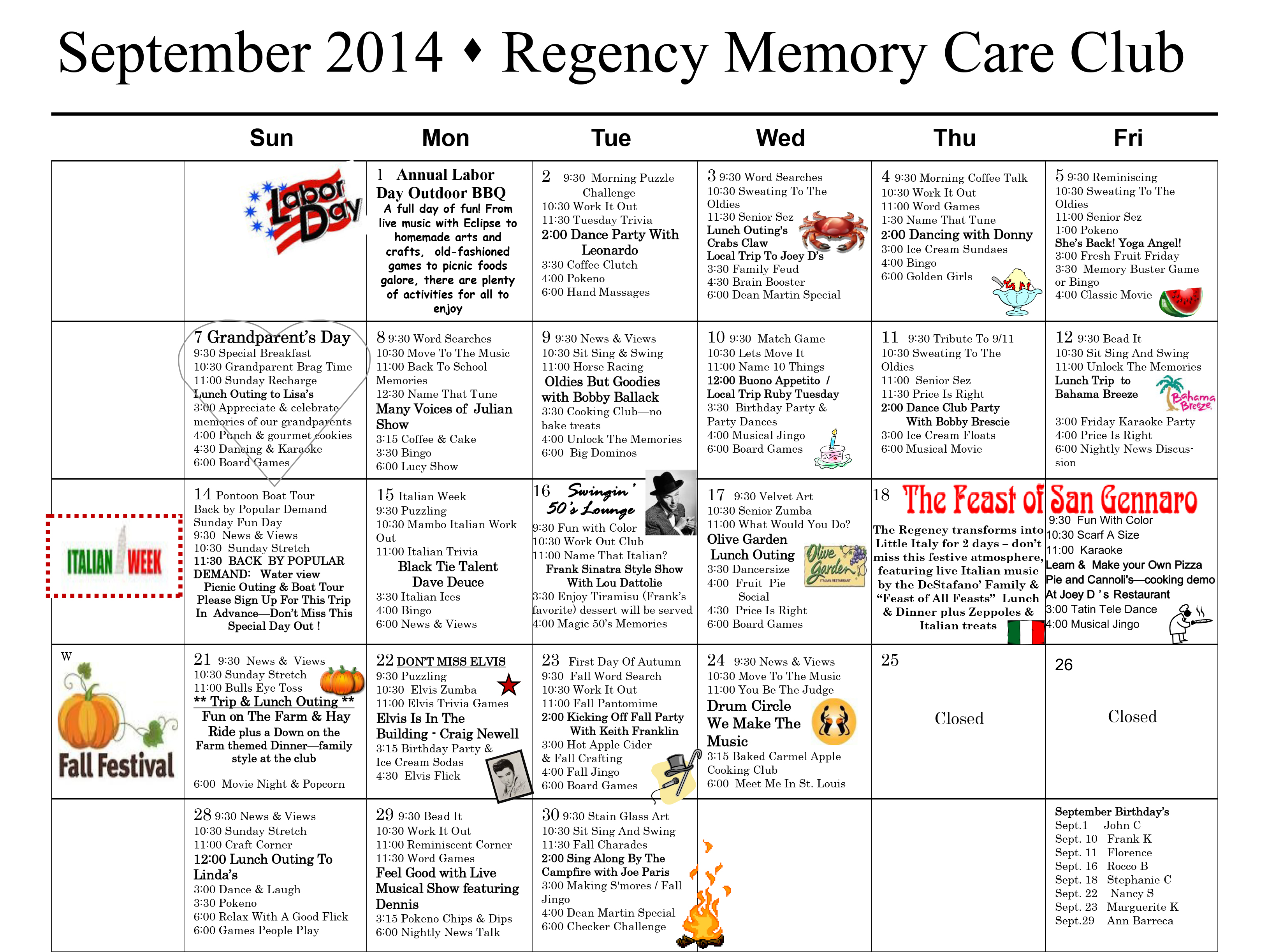 Regency Memory Care Club Calendar of Events