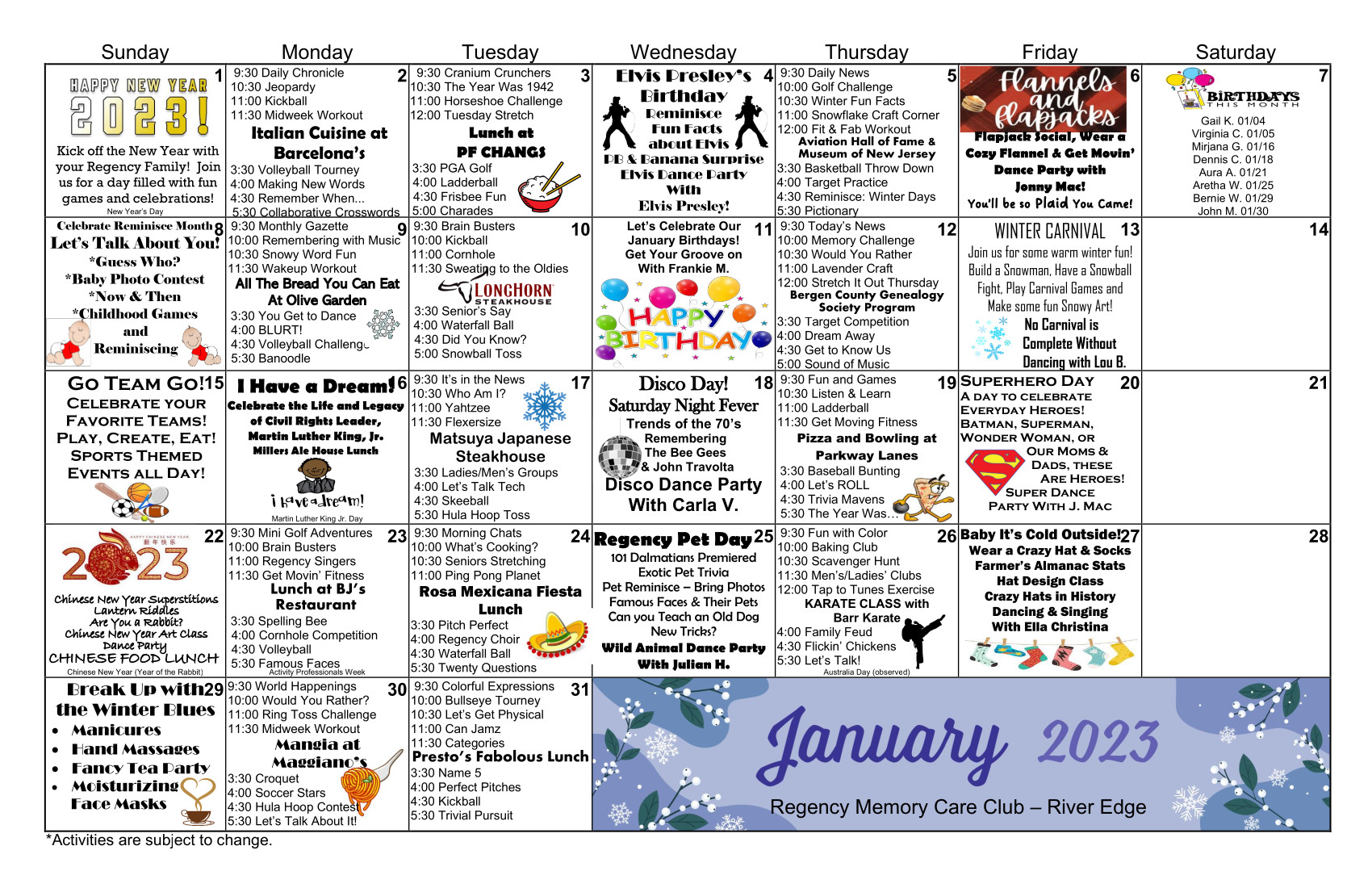 Calendar of Events | Regency Memory Care | December 2016