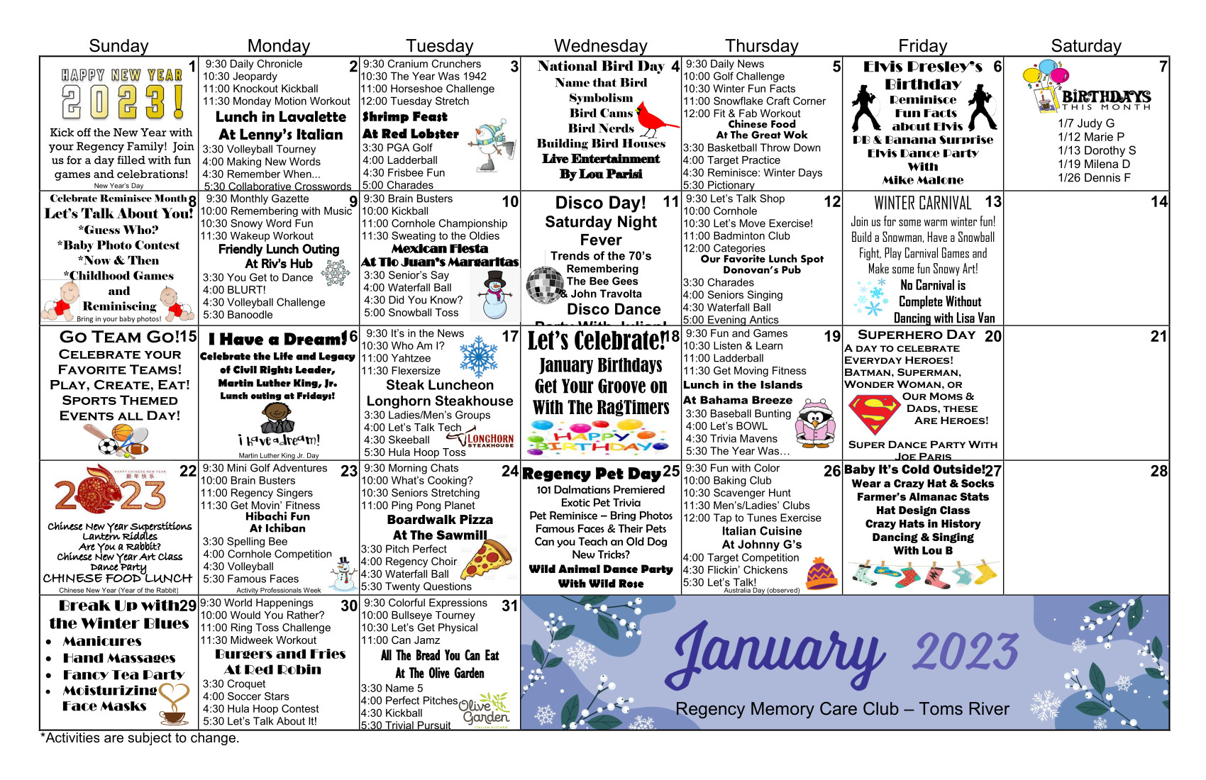 Calendar of Events | Regency Memory Care | December 2016